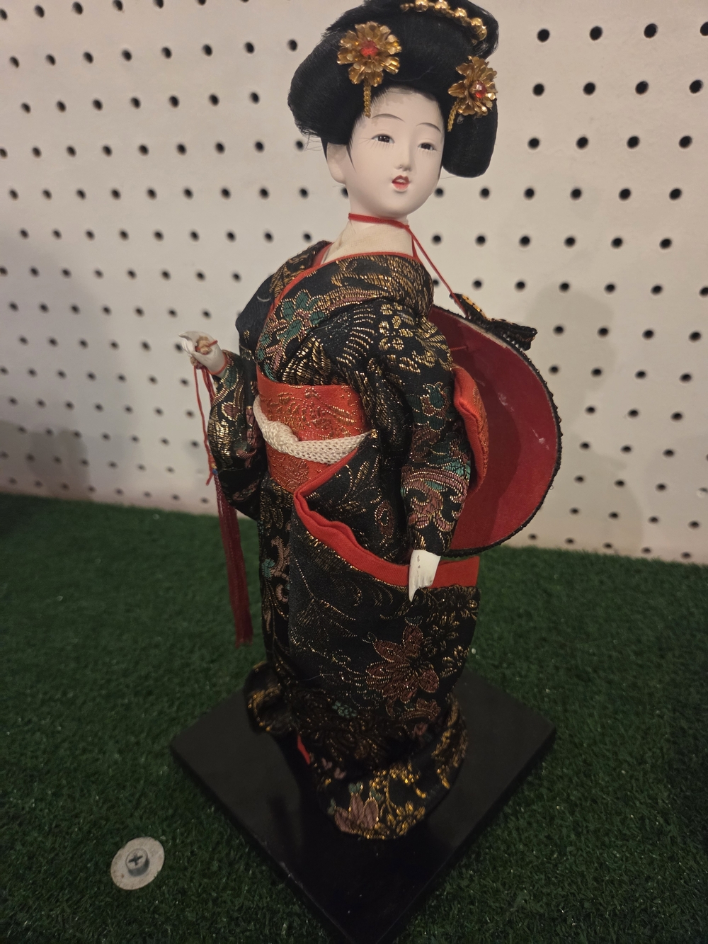 Vintage Japanese Geisha Doll, Black and Gold Floral Kimono